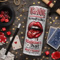 20oz skinny tumbler with warning my mouth is like a magician’s hat quote and red leopard print lips design, funny sarcastic stainless steel travel cup