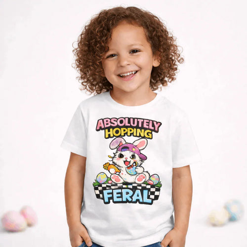 “girl wearing white Absolutely Hopping Feral Easter bunny kids t shirt”