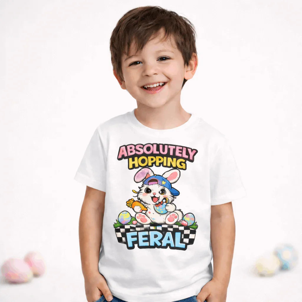 Kids easter Absolutely Hopping Feral  T-Shirt blue worn by a smiling boy, featuring a playful bunny and colorful eggs.