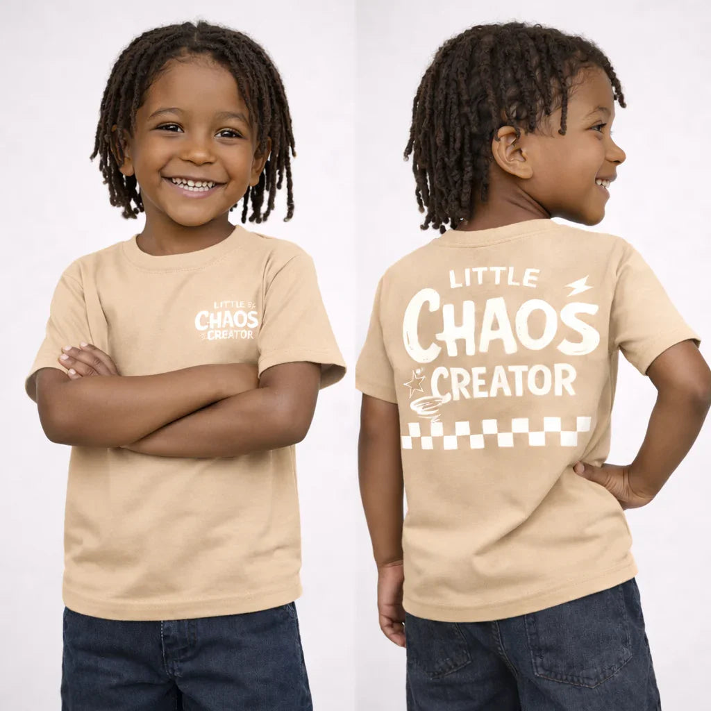 Little Chaos Creator Kids T Shirt – Beige Personalised Back Print Children’s Graphic Tee