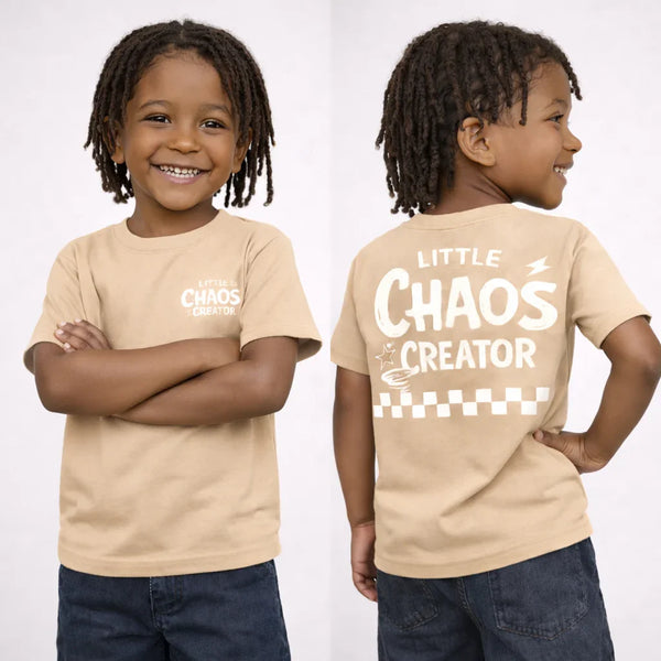 Little Chaos Creator Kids T Shirt – Beige Personalised Back Print Children’s Graphic Tee