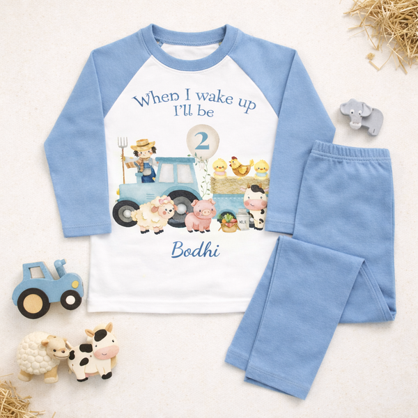 Personalised Farm Birthday pjs – Custom Name Farmyard Tractor