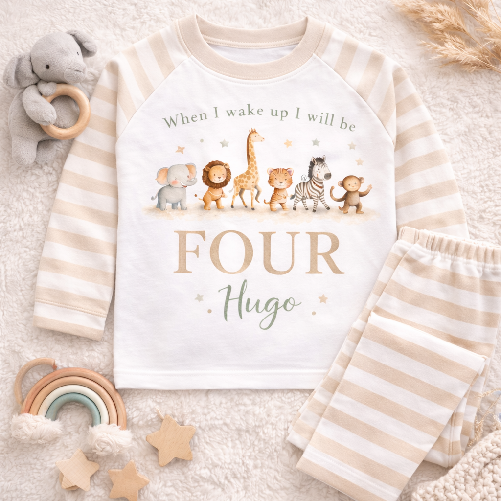 Personalised Kids Birthday Pyjamas – “When I Wake Up I Will Be” Safari Birthday Outfit – Custom Name Birthday PJs – Neutral Kids Pyjama Set