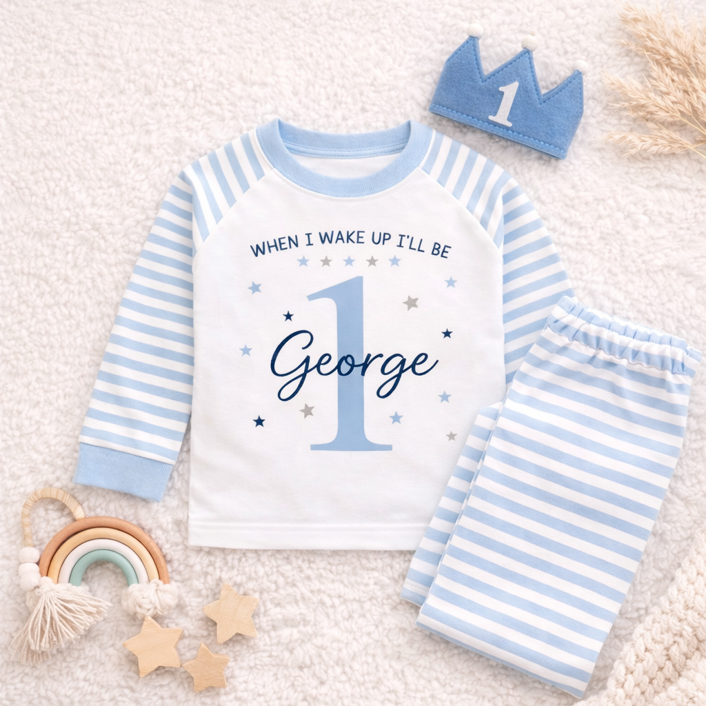 Personalised Birthday Pyjamas – “When I Wake Up I’ll Be” Kids Birthday Outfit – Custom Name & Age Striped Pyjama Set – Birthday Morning PJs