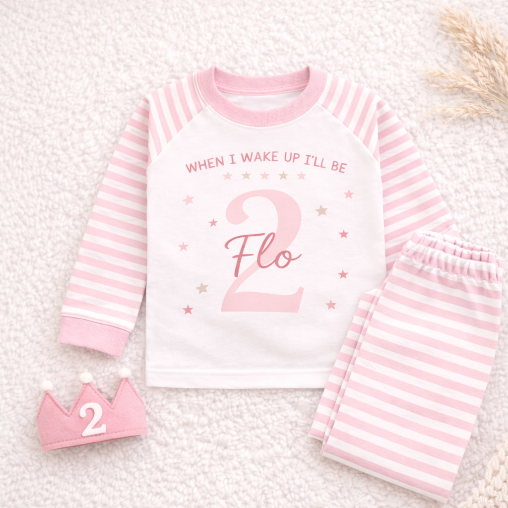 Personalised Birthday Pyjamas – “When I Wake Up I’ll Be” Kids Birthday Outfit – Custom Name & Age Striped Pyjama Set – Birthday Morning PJs