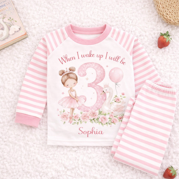Personalised Birthday Pyjamas – When I Wake Up I Will Be Birthday PJs – Custom Name Kids Pyjama Set – Ballerina Swan Birthday Pajamas – Girls Birthday PJs