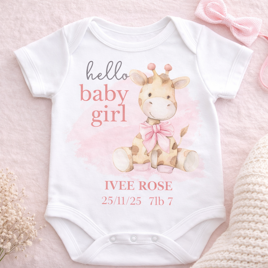 Personalised Baby Announcement Vest – Hello Baby  Giraffe Bodysuit – Custom Name Birth Details Newborn Outfit – Baby Shower Gift