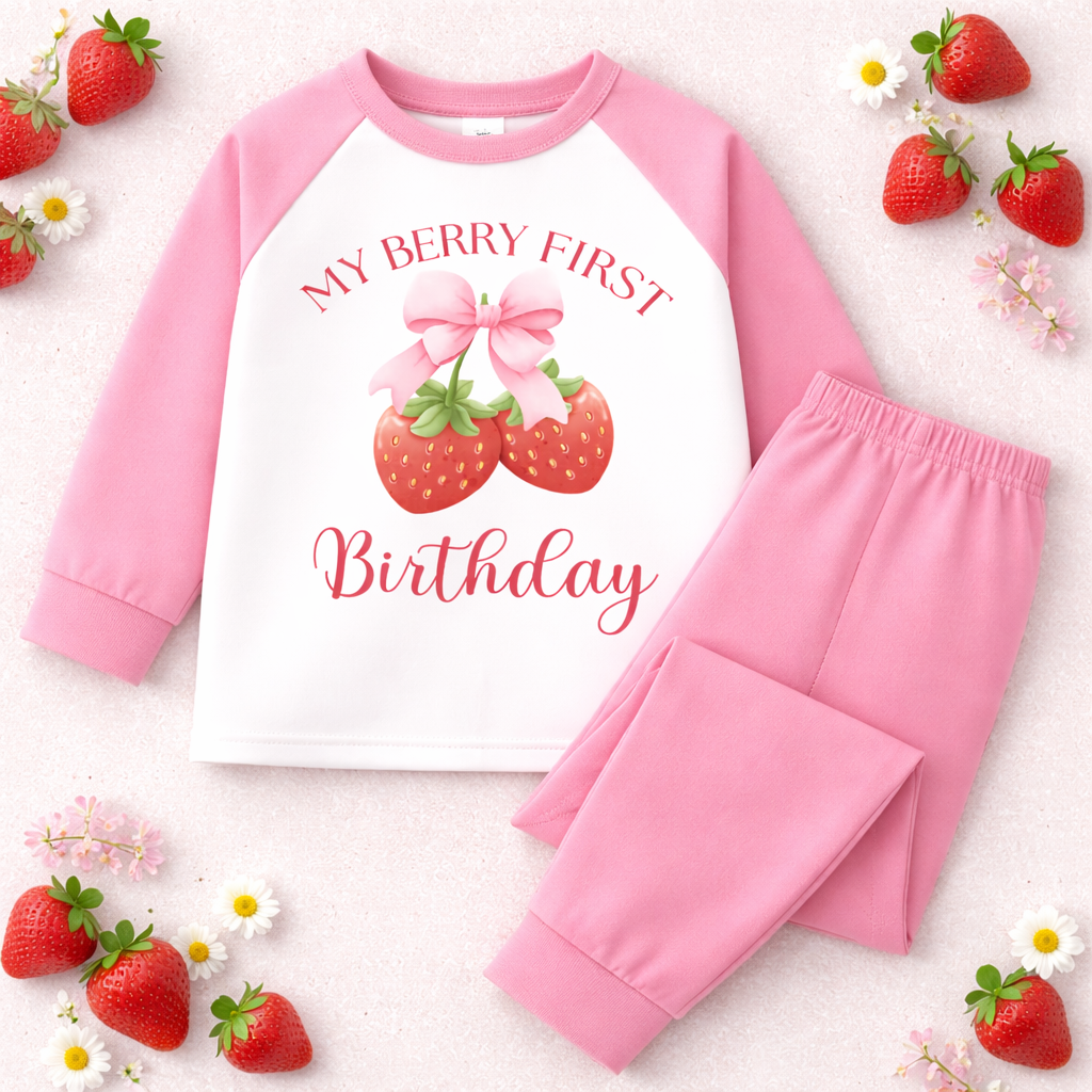 My Berry First Birthday Pyjamas – Strawberry First Birthday PJs – Girls 1st Birthday Outfit – Pink Birthday Pyjama Set – Baby Birthday PJs