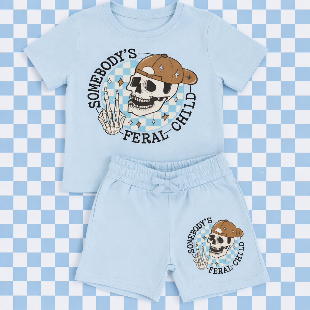 Somebody’s Feral Child Kids Outfit Set – Alternative Skull T-Shirt & Shorts Set – Bold Kids Streetwear – Unisex Summer Co-Ord
