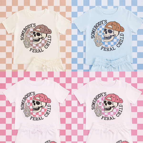 Somebody’s Feral Child Kids Outfit Set – Alternative Skull T-Shirt & Shorts Set – Bold Kids Streetwear – Unisex Summer Co-Ord