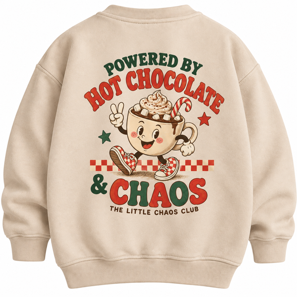 Powered by Hot Chocolate & Chaos Kids Christmas t shirt, jumper or hoodie