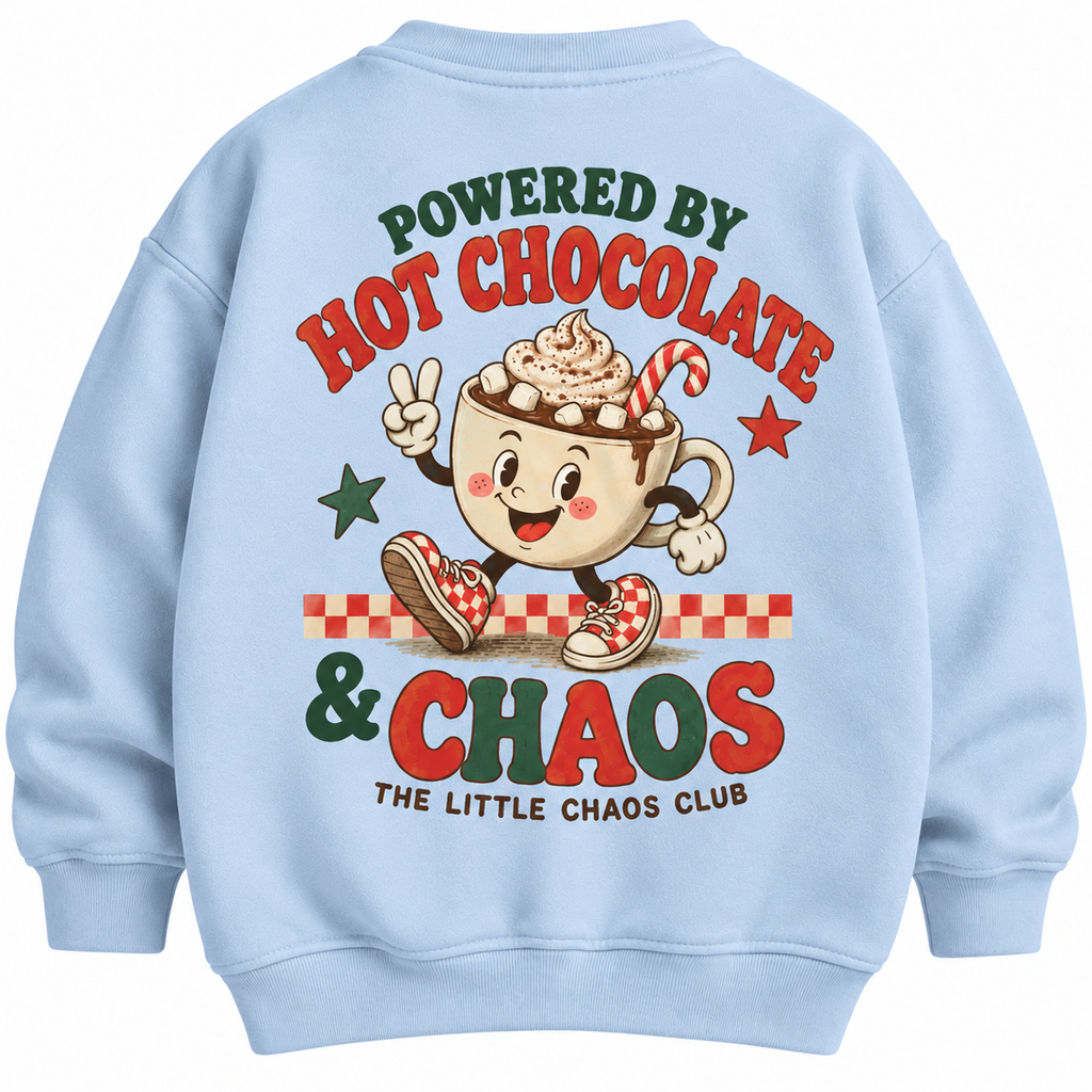 Powered by Hot Chocolate & Chaos Kids Christmas t shirt, jumper or hoodie
