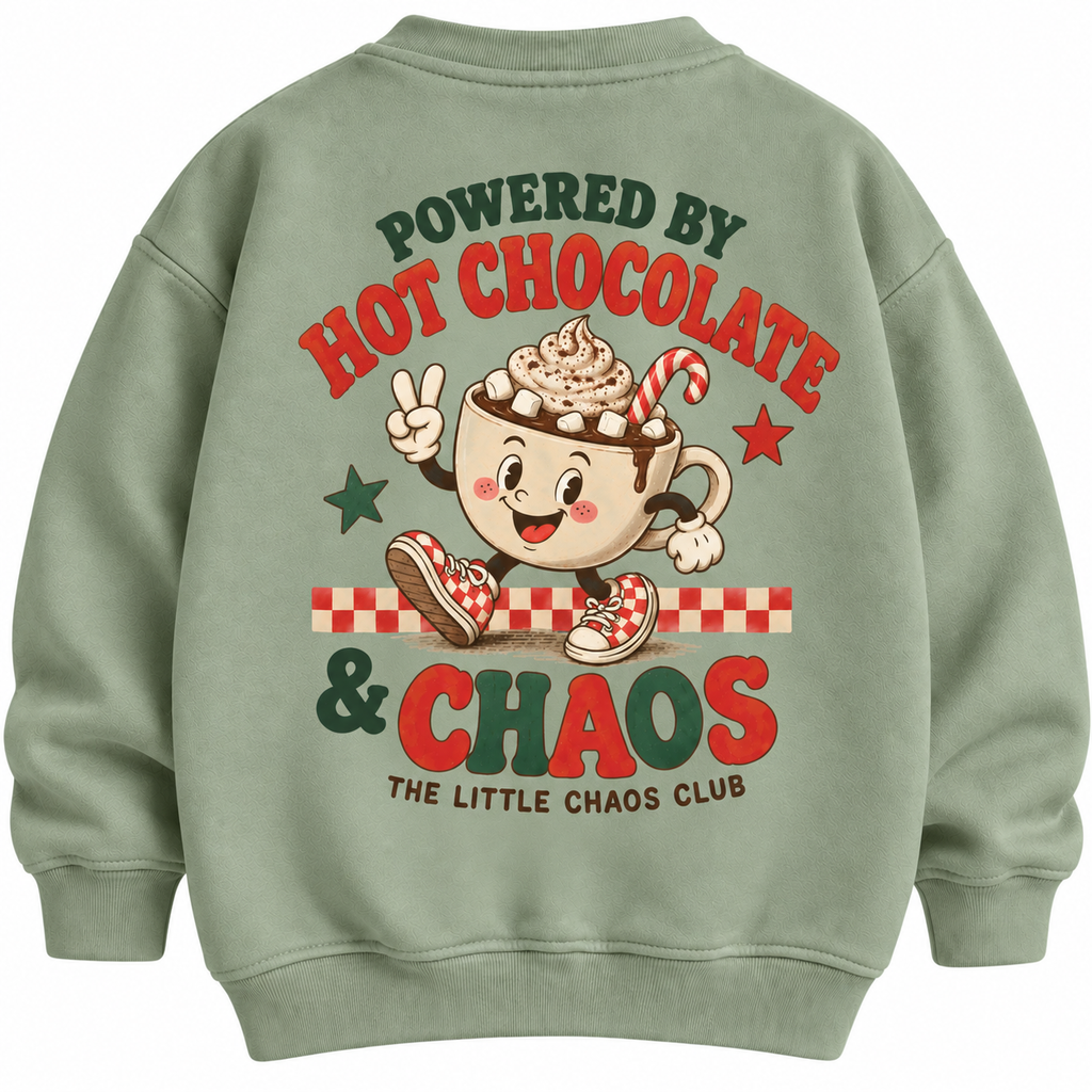 Powered by Hot Chocolate & Chaos Kids Christmas t shirt, jumper or hoodie