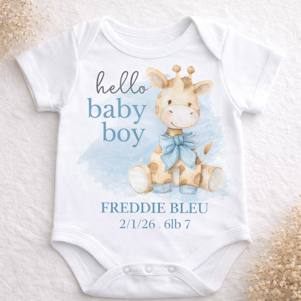 Personalised Baby Announcement Vest – Hello Baby  Giraffe Bodysuit – Custom Name Birth Details Newborn Outfit – Baby Shower Gift