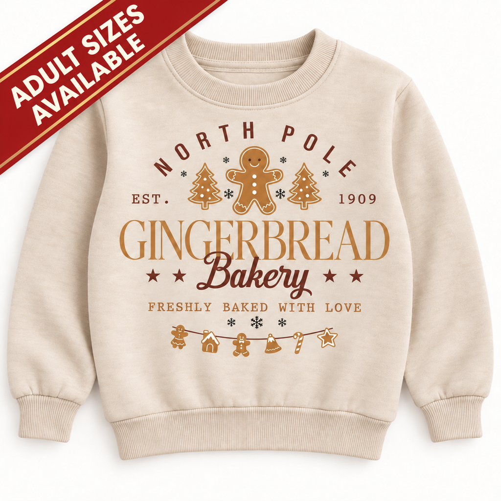 North Pole Gingerbread Bakery Kids’ Christmas T shirt, Jumper or hoodie