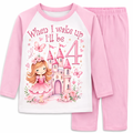 Girls fairy birthday pyjama set with pink raglan sleeves and pink trousers featuring fairy princess castle birthday design