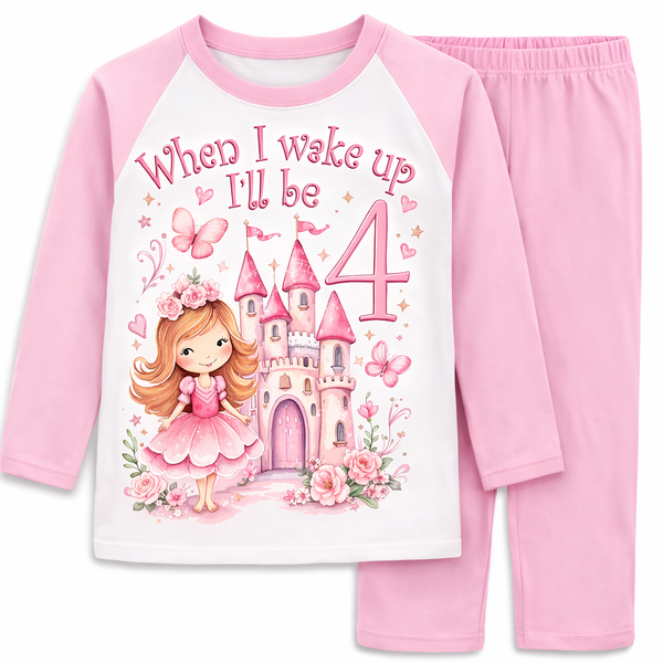 Girls fairy birthday pyjama set with pink raglan sleeves and pink trousers featuring fairy princess castle birthday design