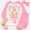 Girls fairy birthday pyjama set with pink sleeves and white chest panel featuring fairy princess “When I wake up I’ll be 3” design
