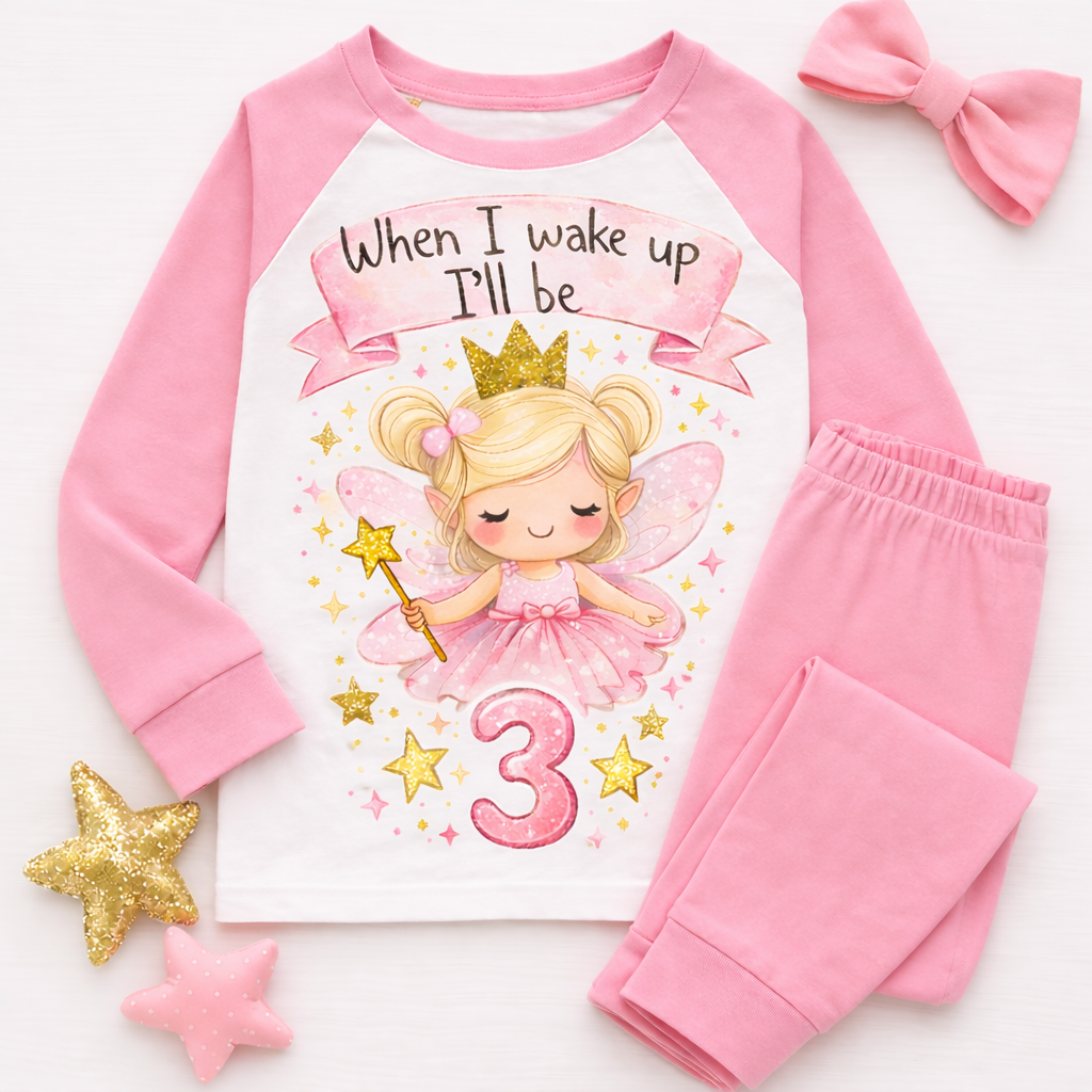 Girls fairy birthday pyjama set with pink sleeves and white chest panel featuring fairy princess “When I wake up I’ll be 3” design
