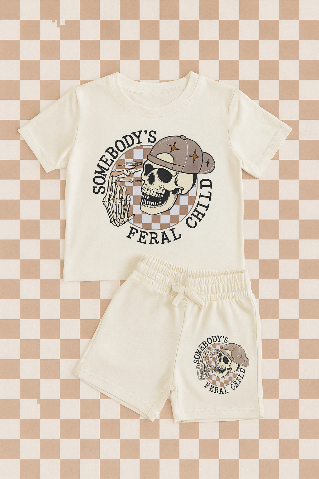 Somebody’s Feral Child Kids Outfit Set – Alternative Skull T-Shirt & Shorts Set – Bold Kids Streetwear – Unisex Summer Co-Ord