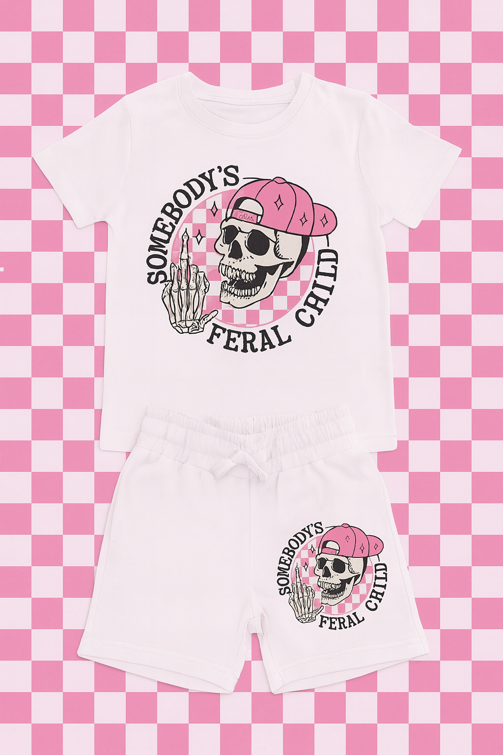 Somebody’s Feral Child Kids Outfit Set – Alternative Skull T-Shirt & Shorts Set – Bold Kids Streetwear – Unisex Summer Co-Ord