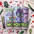 Mombie 20oz skinny tumbler with zombie mom cartoon design and funny dead inside but still on time quote