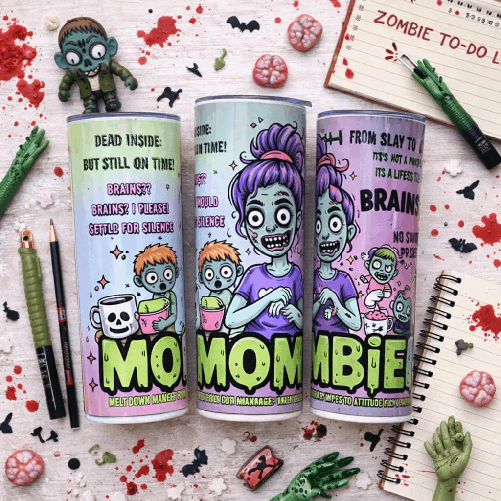 Mombie 20oz skinny tumbler with zombie mom cartoon design and funny dead inside but still on time quote