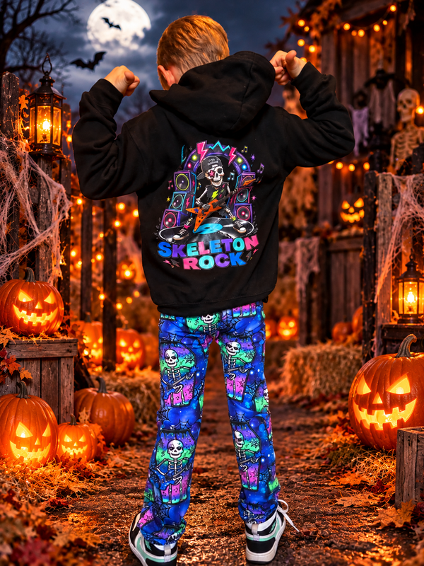 Child wearing a black Skeleton Rock hoodie with colourful skeleton musician back print