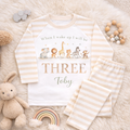 Personalised safari 3rd birthday pyjamas with beige and white striped pants, “When I wake up I will be three” design and custom name toby

