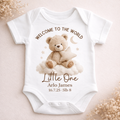 Personalised Baby Announcement Vest – Welcome To The World Teddy Bear Bodysuit – Custom Name, Date & Birth Weight Newborn Gift – Neutral Baby Grow