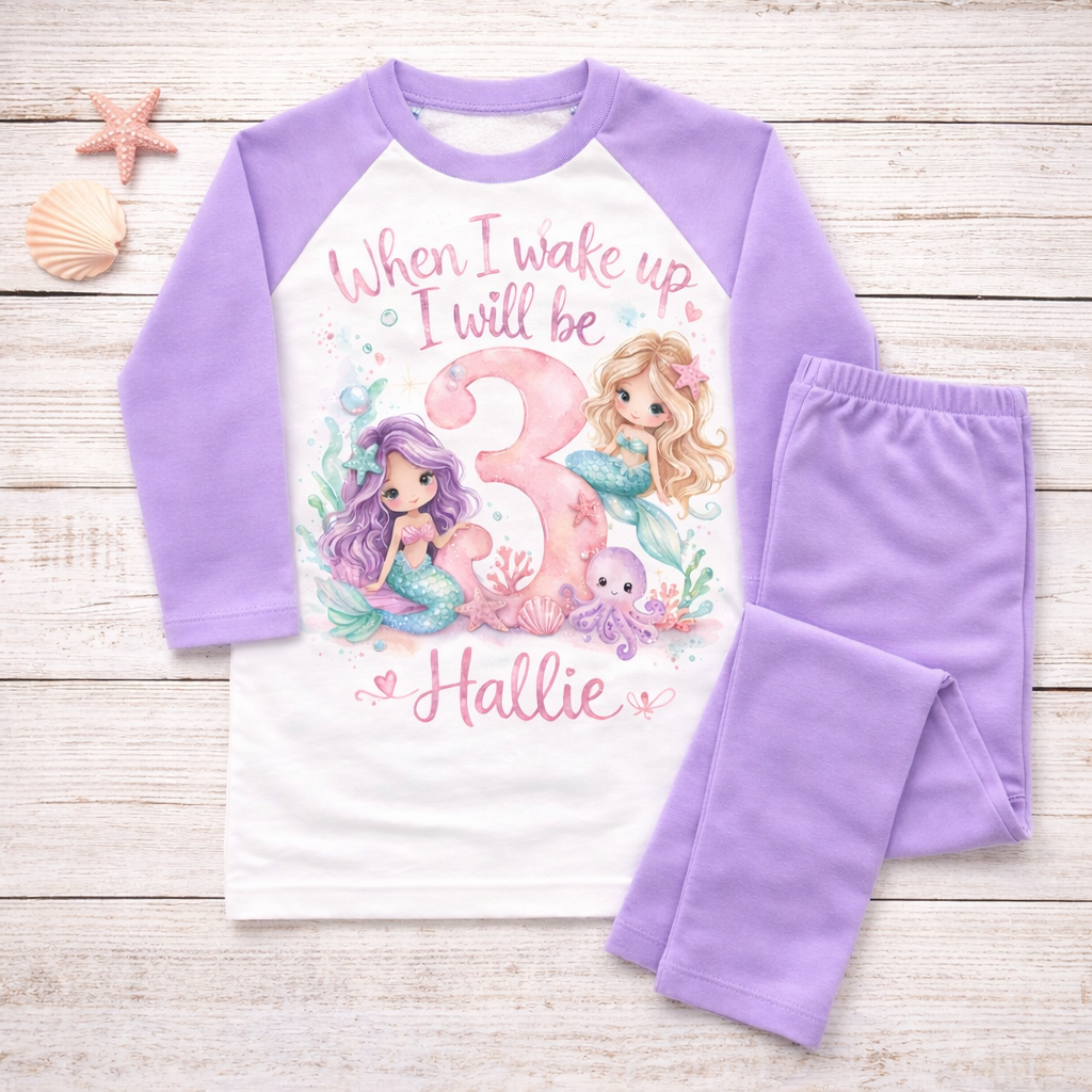 Personalised mermaid 3rd birthday pyjamas for girls with pastel purple sleeves and pants, “When I wake up I will be 3” mermaid design and custom name