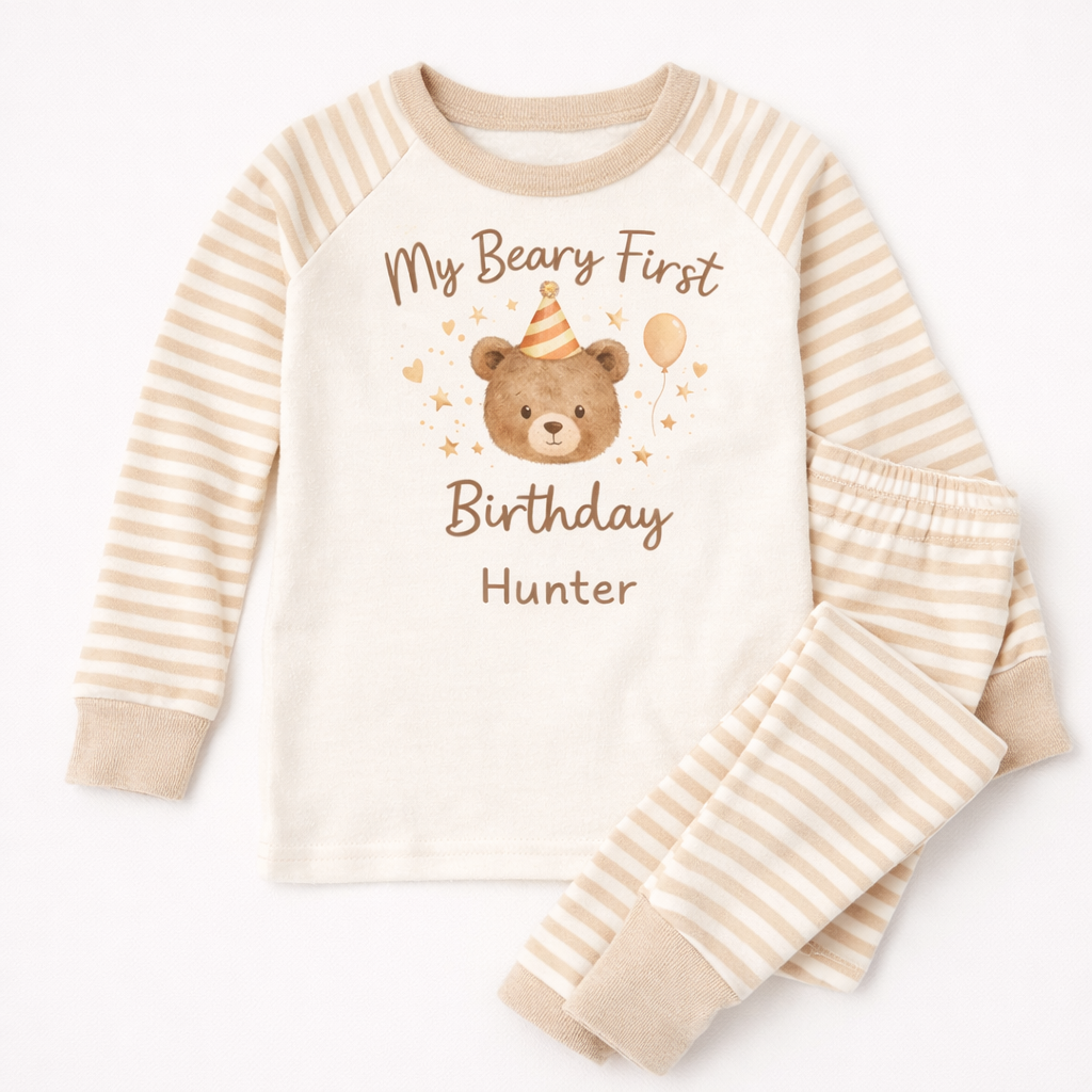 Neutral teddy bear first birthday pyjamas with personalised name Hunter on beige striped baby pajama set