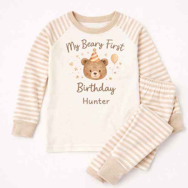 Neutral teddy bear first birthday pyjamas with personalised name Hunter on beige striped baby pajama set