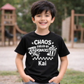 Personalised kids Chaos Fueled By Snacks t-shirt with custom name Kai featuring pizza and popcorn graphics