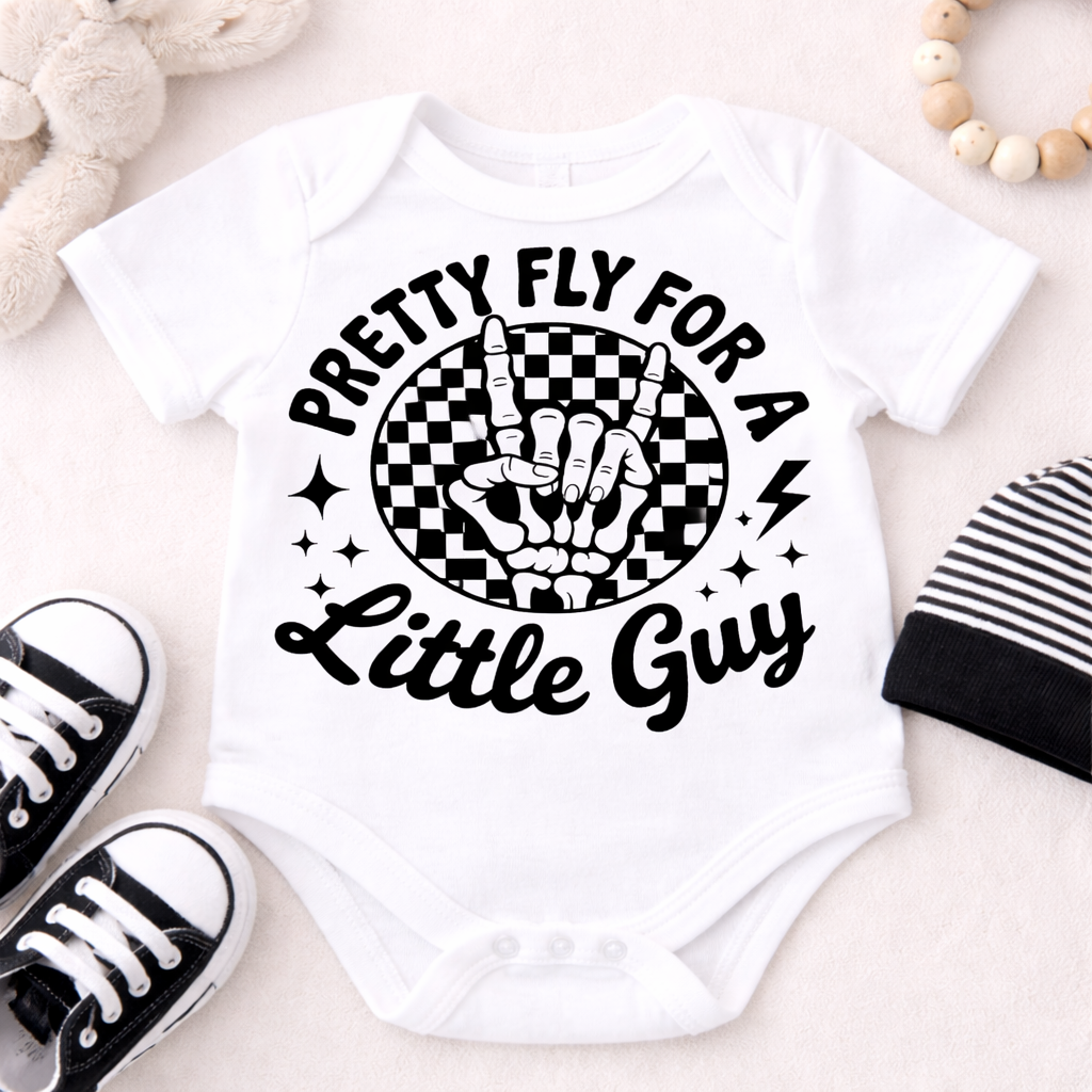 Pretty Fly For A Little Guy baby vest funny rocker baby bodysuit checkerboard graphic newborn outfit