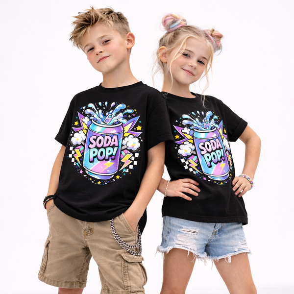 Black kids graphic t-shirt featuring colourful pastel soda pop art design worn by boy and girl model on white background