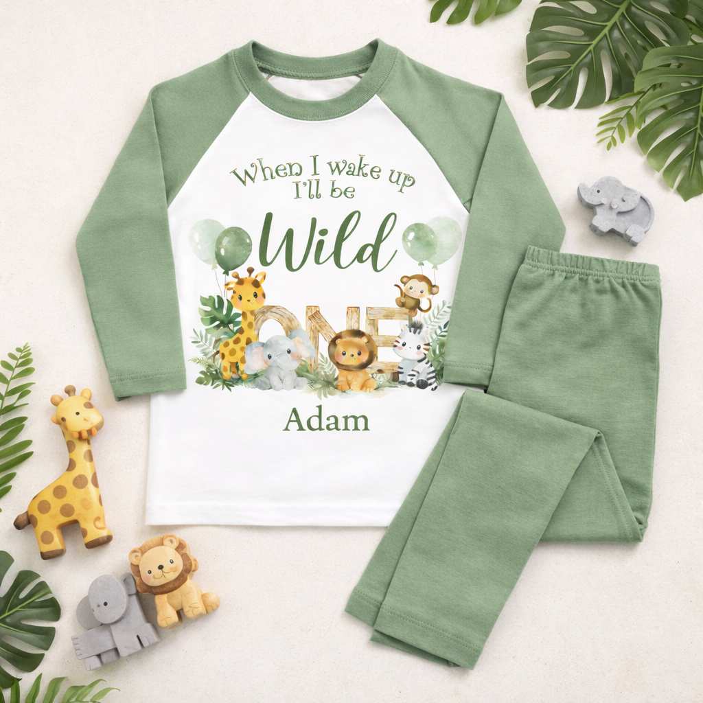 Wild Birthday Pyjamas | Safari Jungle Birthday PJs | Personalised Kids Birthday Eve Pyjama Set | When I Wake Up I’ll Be Wild | Sage Green Kids Pyjamas