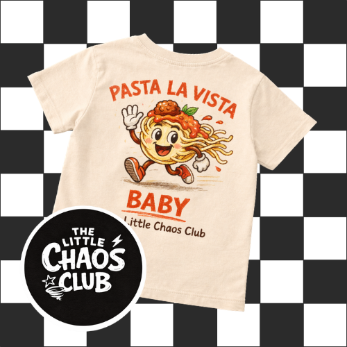 Kids “Pasta La Vista Baby” T-Shirt – Funny Pasta Graphic Tee for Kids – Beige Hand Drawn Cartoon Shirt – The Little Chaos Club