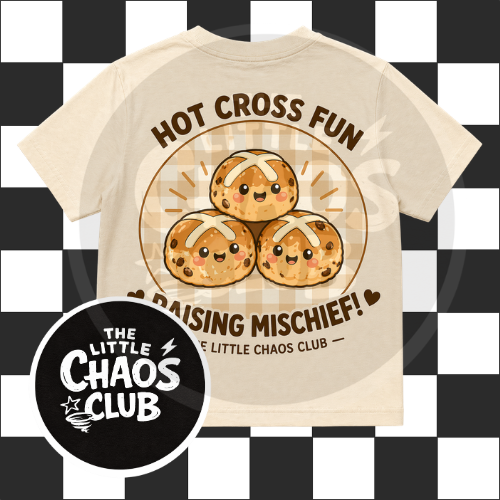 Hot Cross Fun Raising Mischief” Kids Graphic T shirt